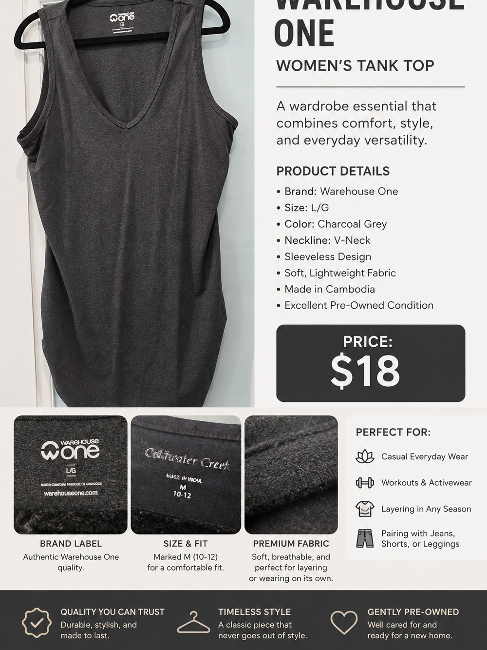 Warehouse Charcoal Grey V-Neck Tank Top